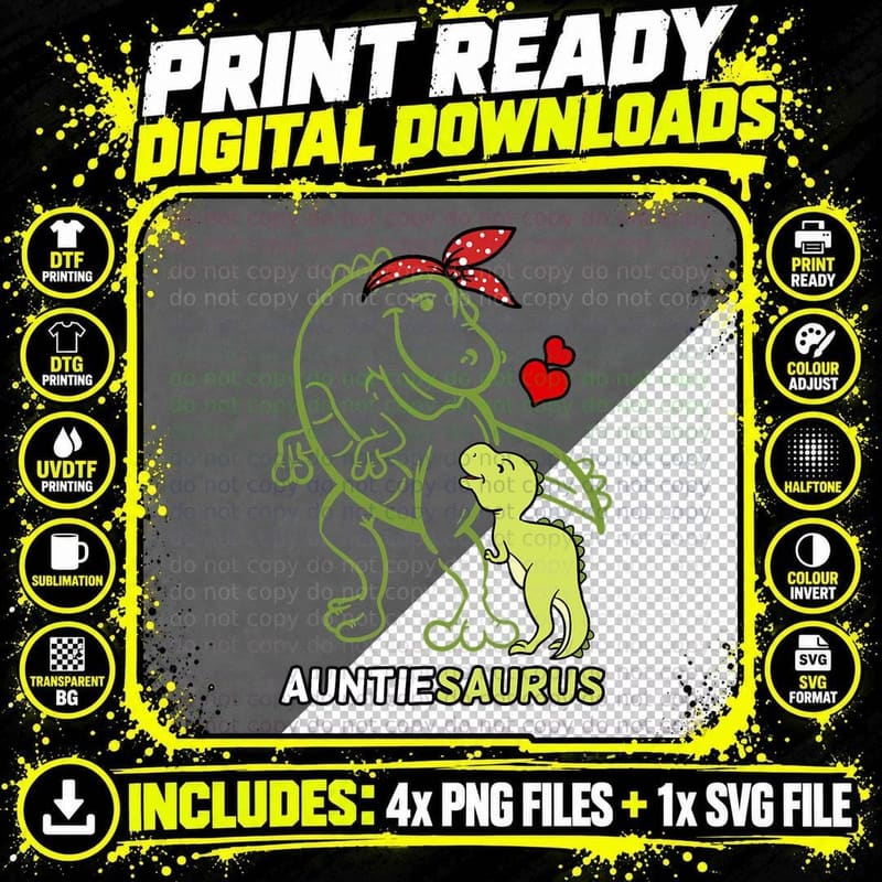 Auntiesaurus Auntie Tyrannosaurus Dinosaur Baby T-Shirt Png SVG Digital Bundle