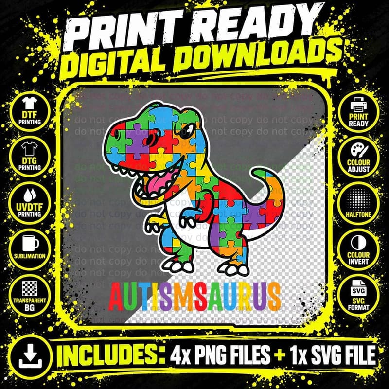 Autism Awareness Autism Dinosaur Cute Full Color T-Shirt Png SVG Digital Bundle