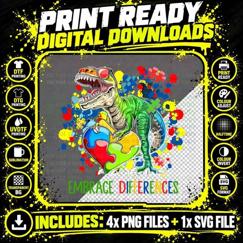 Autism Embrace Differences Dinosaur T-Rex Kids Cute Png SVG Digital Bundle