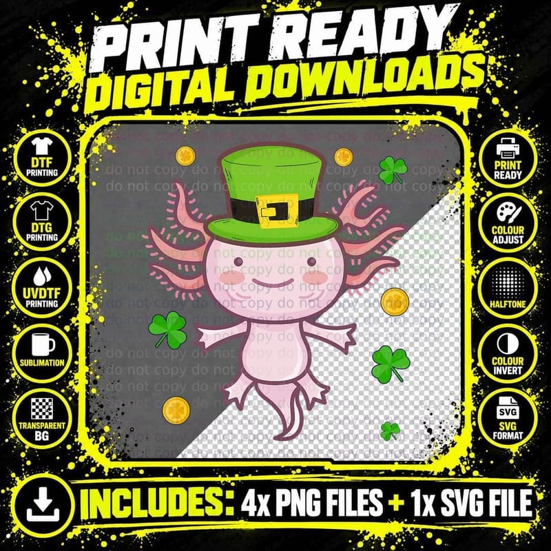 Axolotl with St Patricks Day Hat Shamrock Leprechaun Png SVG Digital Bundle