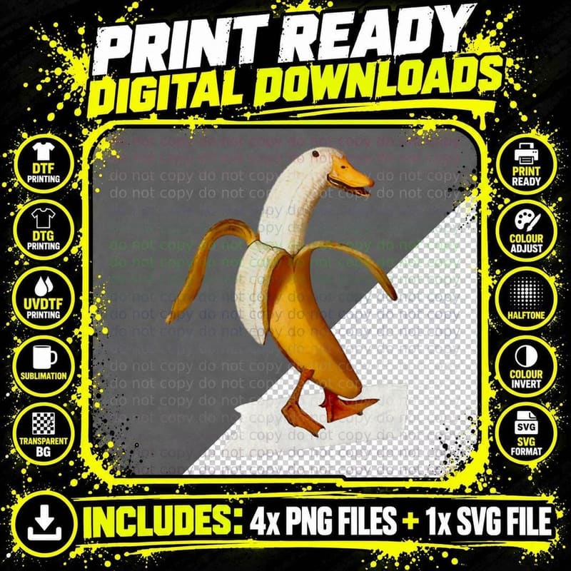Banana Duck Walks Funny Anthropomorphic Fruit Bird Png SVG Digital Bundle