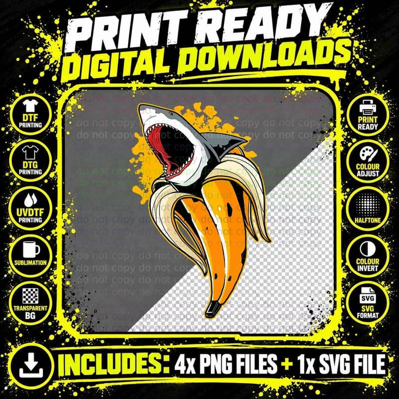 Banana Shark Marine Biology Fruit Lover Shark Lover Png SVG Digital Bundle