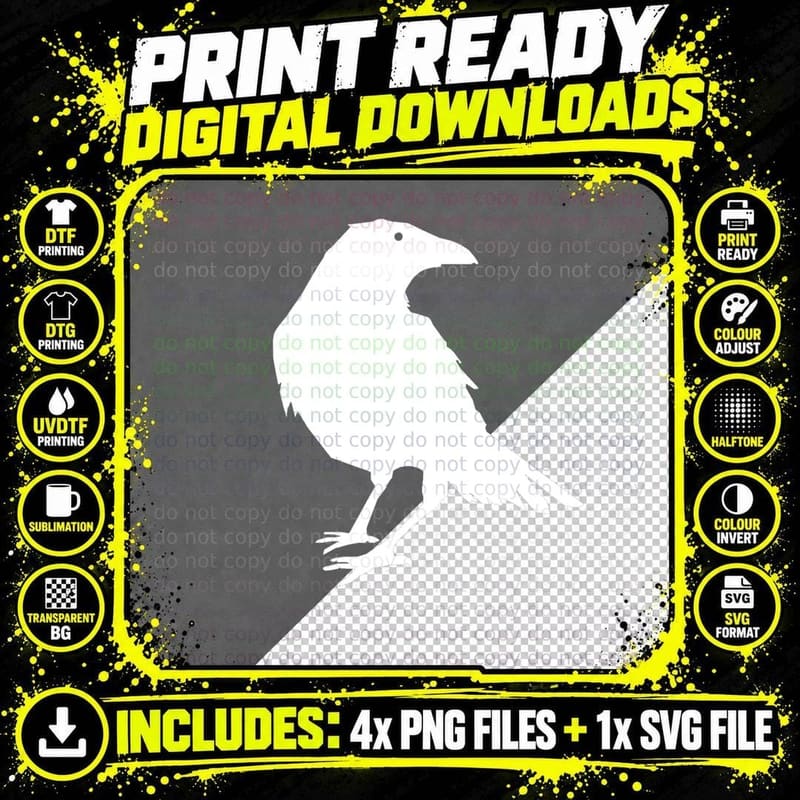 Beautiful Black Crow Raven Bird Silhouette T-Shirt Png SVG Digital Bundle