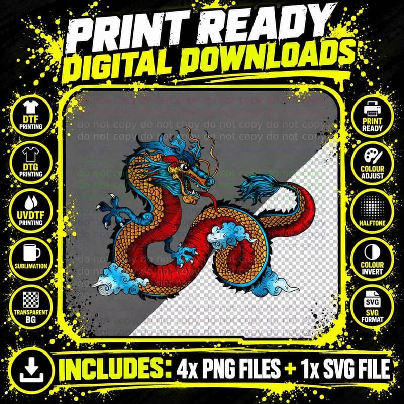 Beautiful Chinese Dragon in the Clouds Art Png SVG Digital Bundle