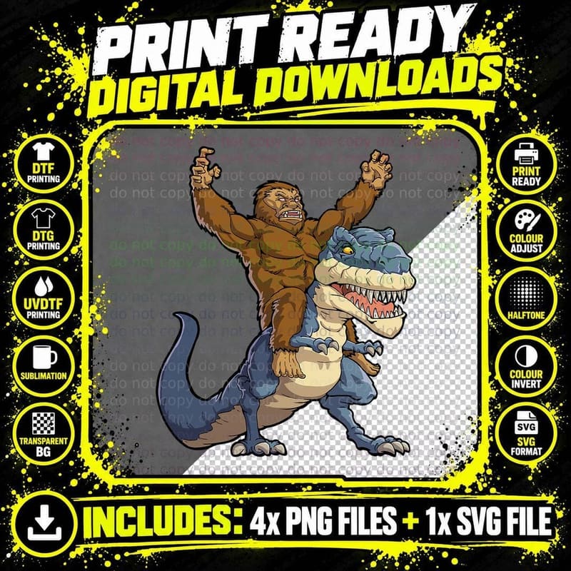 Bigfoot Riding Dinosaur T Rex Funny Men Boys Sasquatch Png SVG Digital Bundle