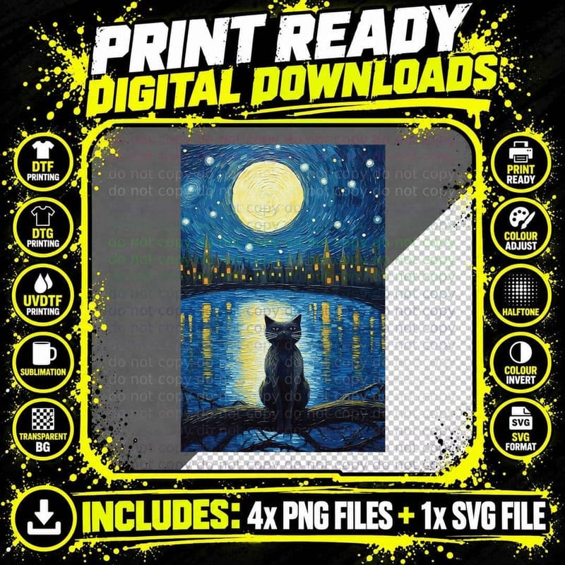 Black Cat Painting Art Starry Night Kitty Kitten Van Png SVG Digital Bundle