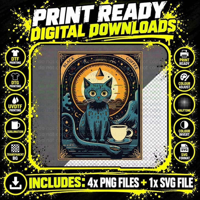 Black Coffee Cat Tarot Card Occult T-Shirt Png SVG Digital Bundle