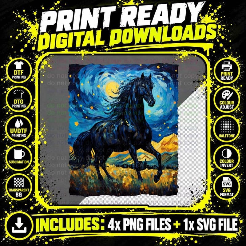 Black Horse Van Gogh Starry Night Painting Wild Animal Png SVG Digital Bundle