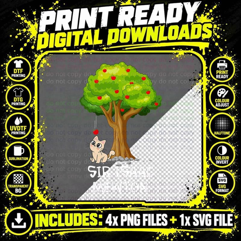 Cat Discovers Law of Gravity Isaac Mewton Physics Png SVG Digital Bundle