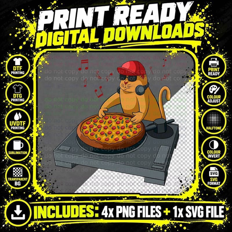Cat Dj Kitten Lover Funny Pizza Music Boy DJ Pet Owner Png SVG Digital Bundle