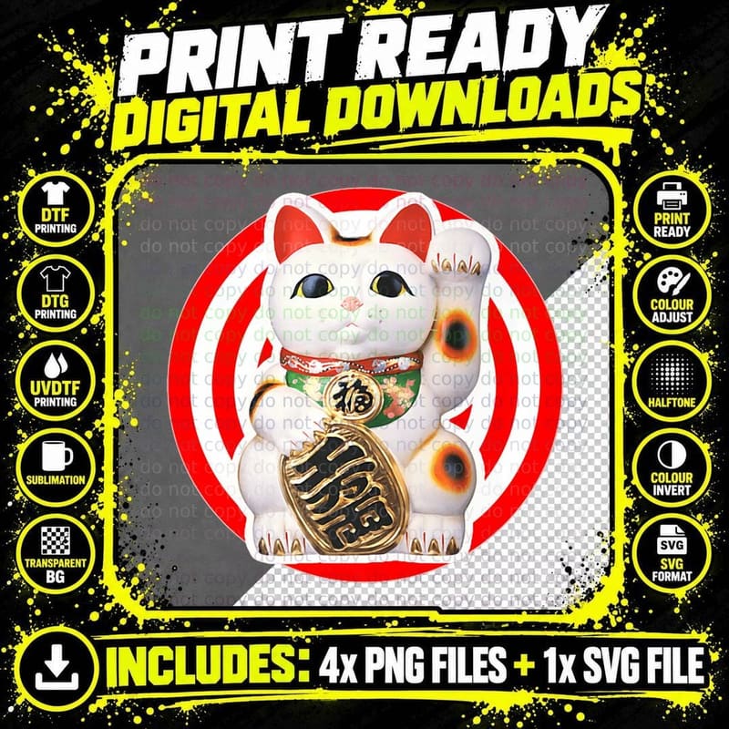 Cat Maneki Neko Beckoning Lucky Charm Fortune Yoga Png SVG Digital Bundle