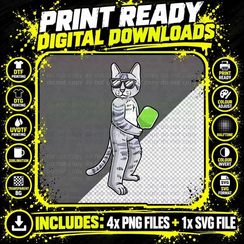Cat Playing Pickleball T-Shirt Png SVG Digital Bundle