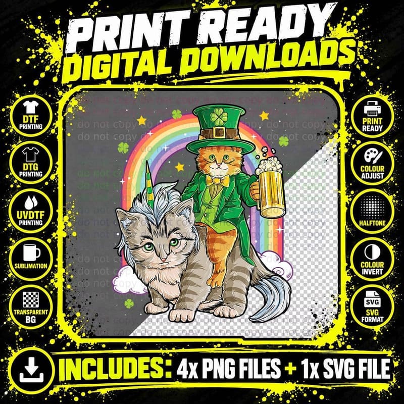 Cat St Patricks Day Leprechaun Riding Caticorn Unicorn Png SVG Digital Bundle
