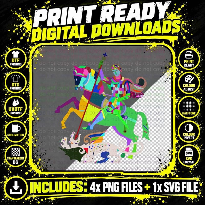 Chromatic Abstract Art Deco St George the Dragon Slayer Png SVG Digital Bundle