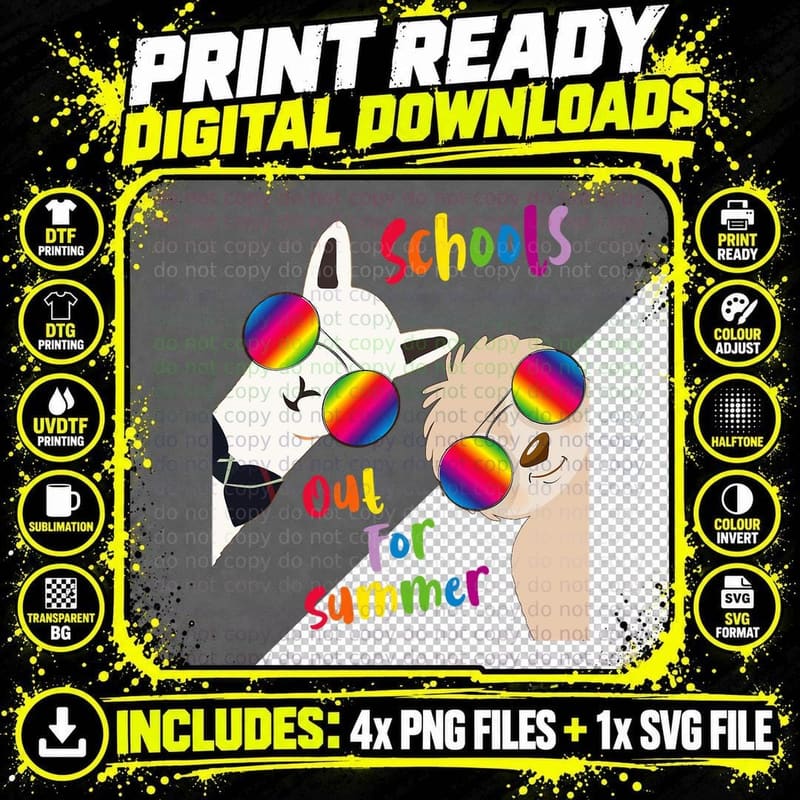 Cool Sloth & Sunglasses Llama Schools Out for Summer Png SVG Digital Bundle