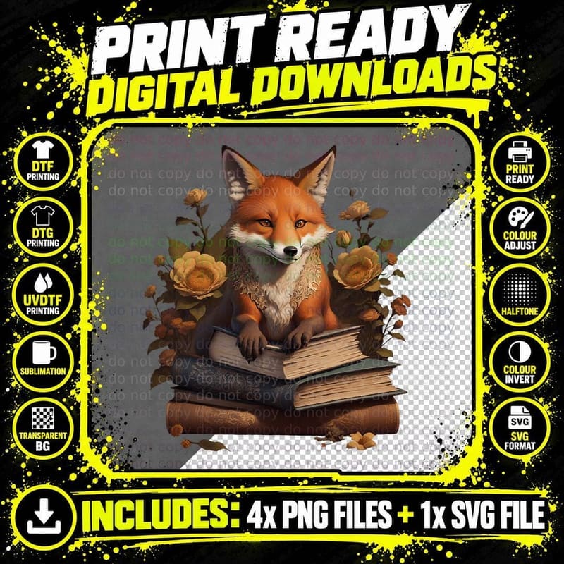 Cottagecore Aesthetic Fox with Books Floral T-Shirt Png SVG Digital Bundle