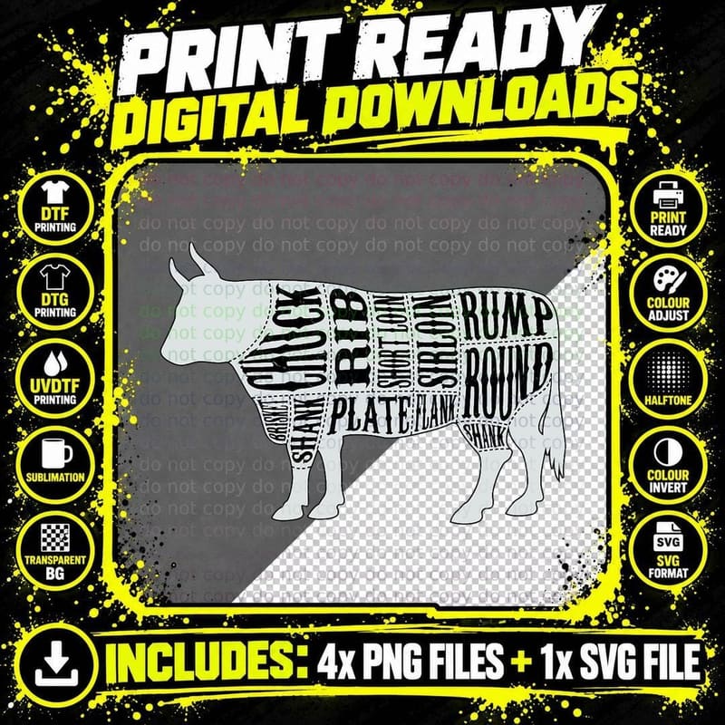Country Butcher Cut Chart Bull Cow Beef Meat T-Shirt - Png SVG Digital Bundle