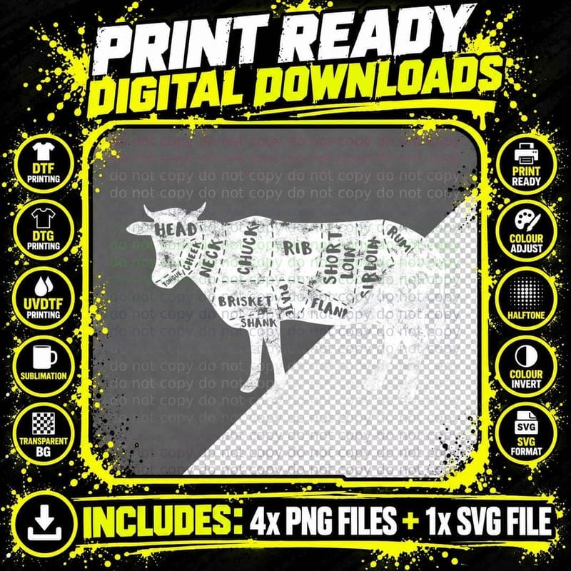 Cow Butcher Beef Cuts Diagram - Butching Meat Cutter Png SVG Digital Bundle