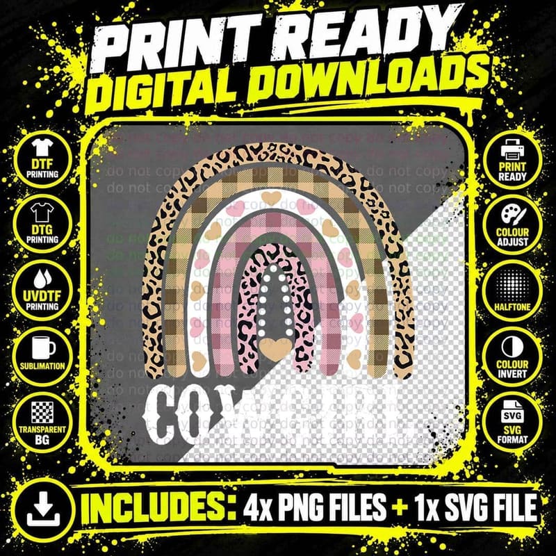 Cowgirl Outfit Women Cowboy Rainbow Leopard Western Cow Png SVG Digital Bundle