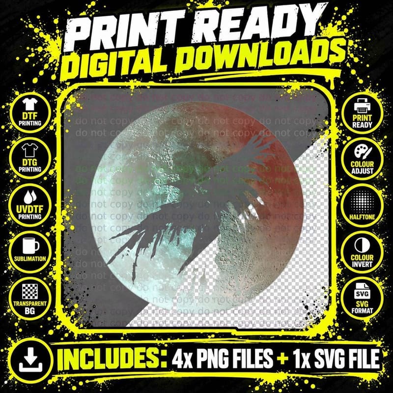 Crow Raven Distressed Flying Bird Full Moon Raven Crow Png SVG Digital Bundle
