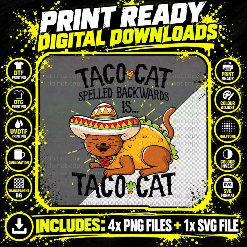 Cute Cat Anagram Top, Tacocat Spelled Backwards Is Taco Png SVG Digital Bundle