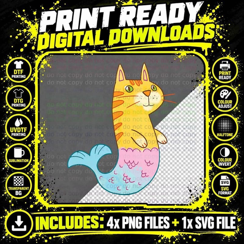 Cute Cat Mermaid Fish Swimming in the Sea Png SVG Digital Bundle