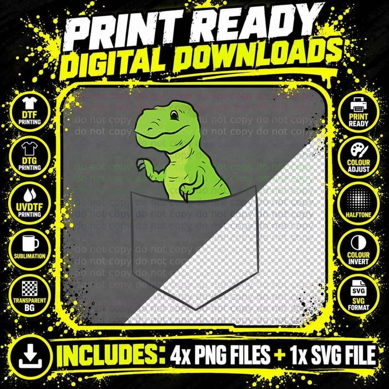 Cute Dinosaur in Pocket Funny Pocket Dinosaur Png SVG Digital Bundle