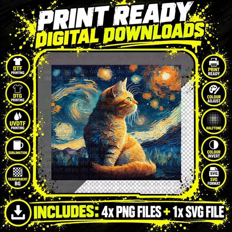 Cute Red Cat Painting Art Starry Night Kitty Kitten Van Png SVG Digital Bundle