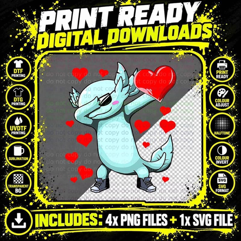 Dabbing Axolotl Heart Valentines Day as Girls Boys Kids Png SVG Digital Bundle