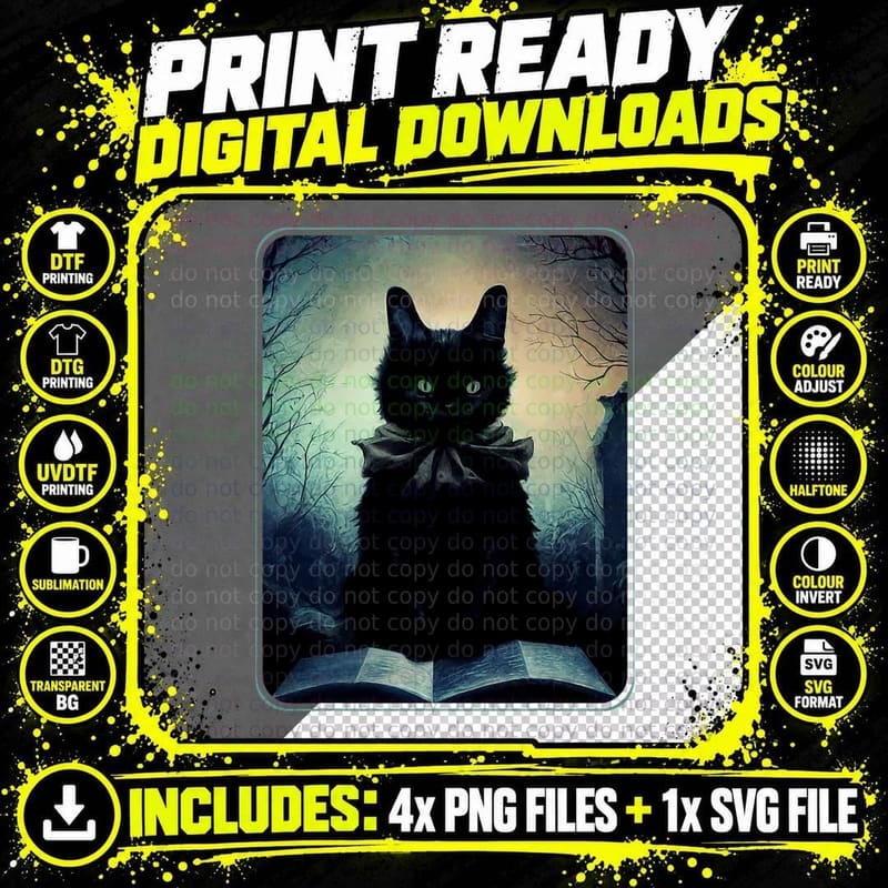 Dark Art Black Cat and Her Magic Book T-Shirt Png SVG Digital Bundle