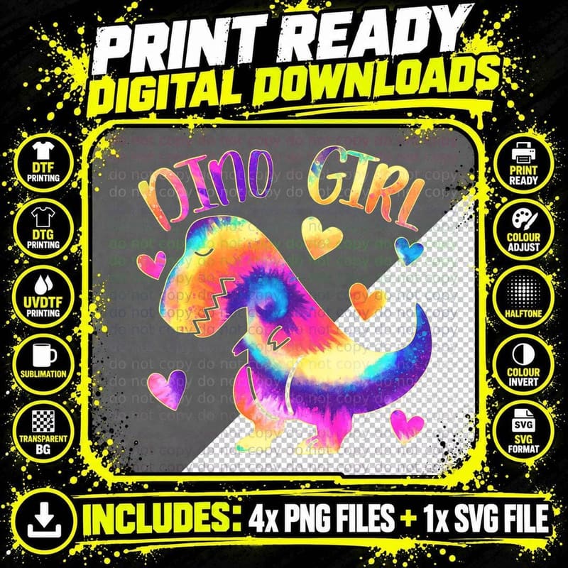 Dino Girl - Dinosaur Lover - Tie Dye Cute Teen Girls Png SVG Digital Bundle