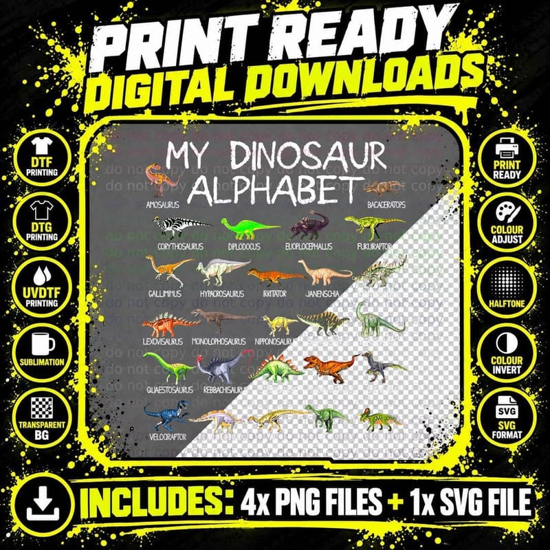 Dinosaur Alphabet Dino ABC for Kids Boys Men Women Png SVG Digital Bundle