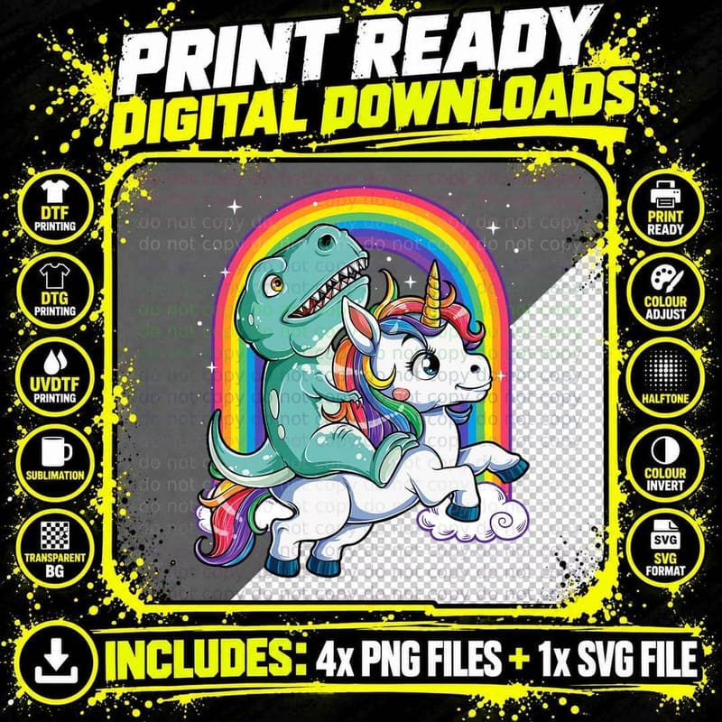 Dinosaur Riding Unicorn Funny T Rex Boys Men Rainbow Png SVG Digital Bundle
