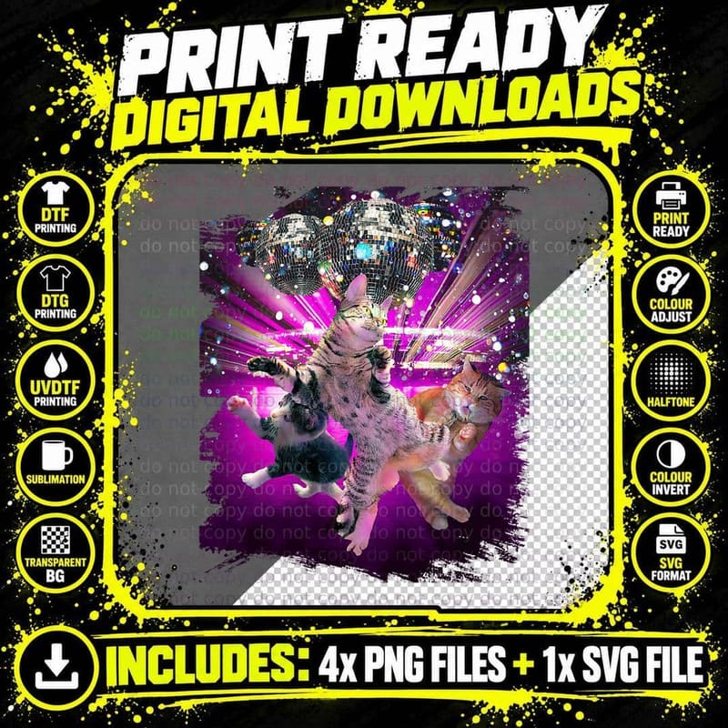 Disco Cats - 70s Disco Kitty Cat Rave T-Shirt Png SVG Digital Bundle