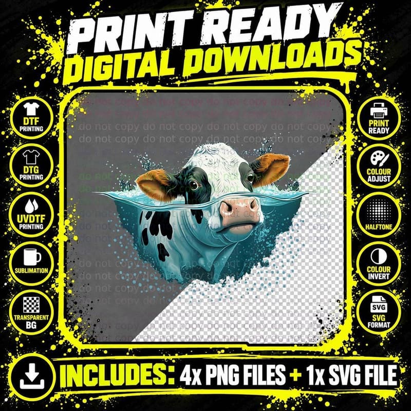 Diving Cattle and Swimming Water Cow Png SVG Digital Bundle