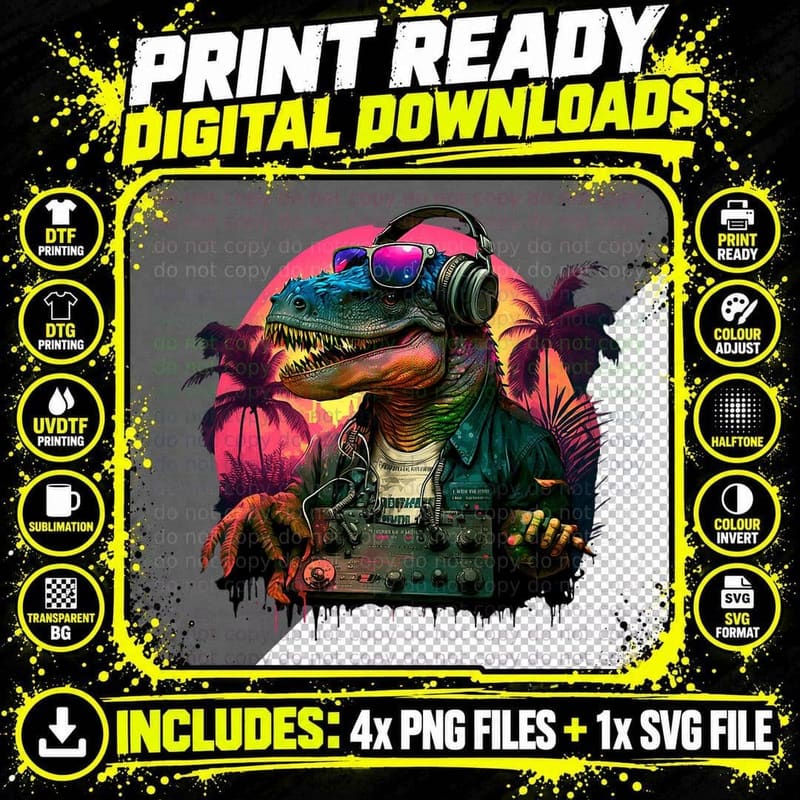 Dj Dinosaur Headphones Graphic Design for Music Dino Png SVG Digital Bundle