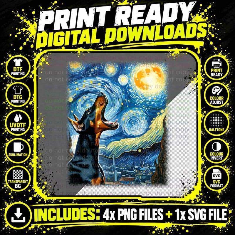 Doberman Pinscher Dog Art Van Gogh Starry Night Doberman Png SVG Digital Bundle