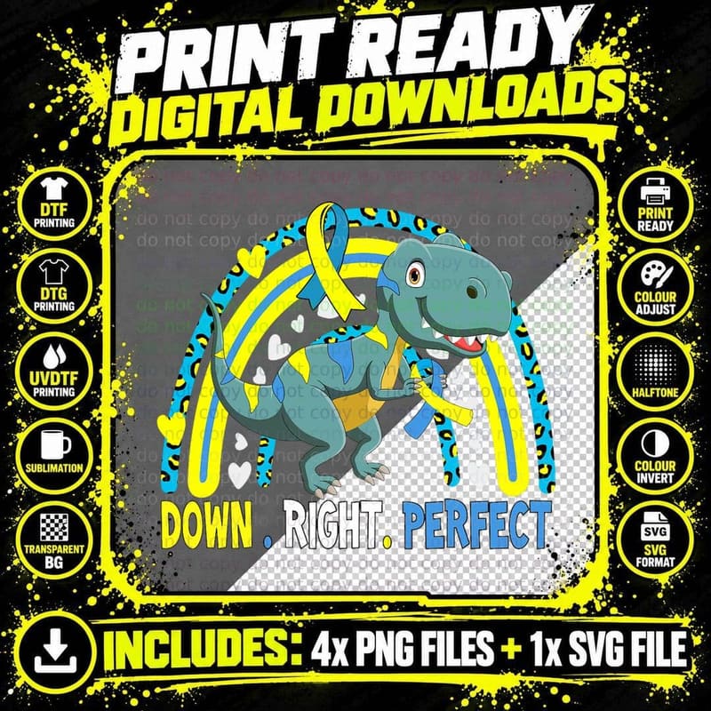 Down Syndrome Awareness Down Right Perfect T21 Dinosaur Png SVG Digital Bundle