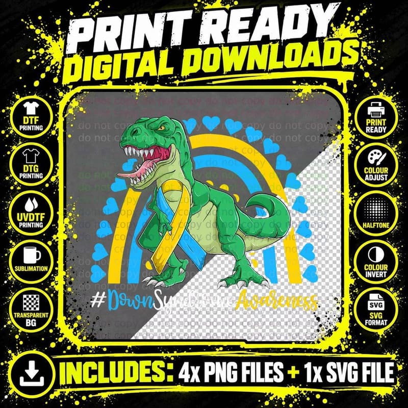 Down Syndrome Awareness T-Rex Dinosaur Boys Extra Png SVG Digital Bundle