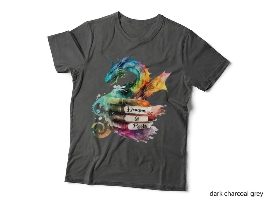 Dragons and Books Watercolor Fantasy Dragon Lover Theme T-Shirt