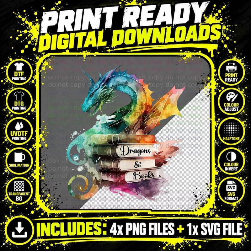 Dragons and Books Watercolor Fantasy Dragon Lover Theme Png SVG Digital Bundle