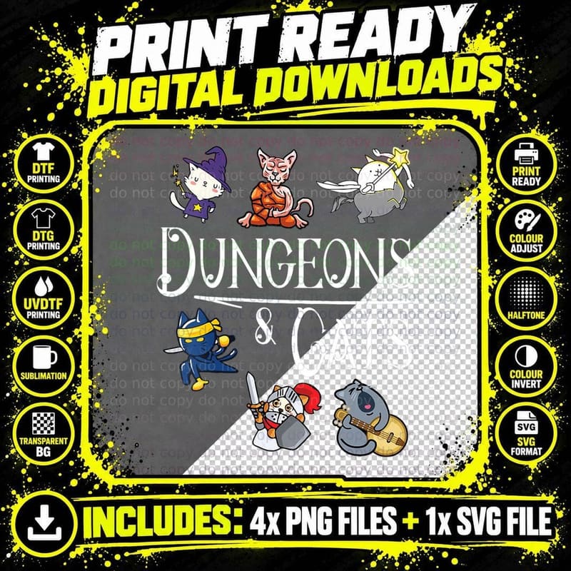 Dungeons and Cats Funny Cat Kitten Lover Kitty DND Png SVG Digital Bundle