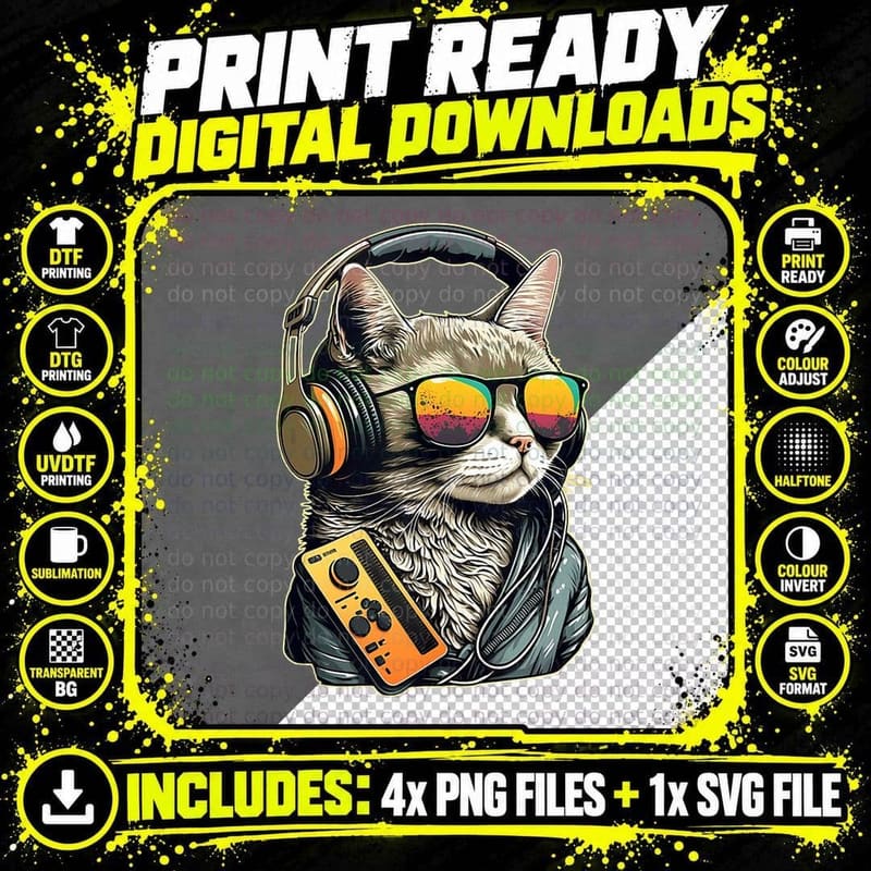EDM Cat DJ, DJ Cat in Sunglasses, House Cat with Png SVG Digital Bundle