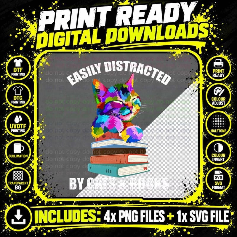 Easily Distracted by Cats and Books - Funny Cat Owner Png SVG Digital Bundle