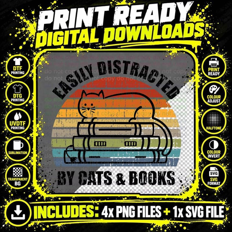 Easily Distracted by Cats and Books - Retro Cat & Book Png SVG Digital Bundle