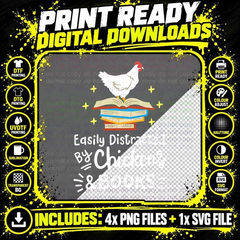 Easily Distracted by Chickens and Books Chicken Book Png SVG Digital Bundle