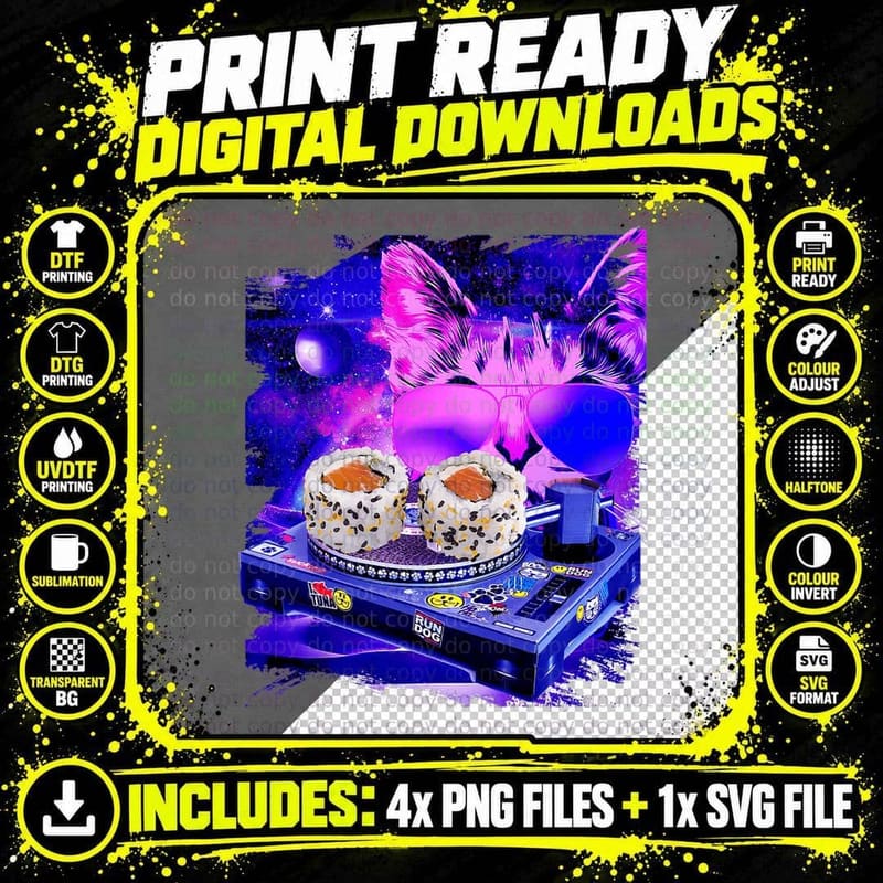 FUNNY Space Cat Remix DJ Sushi Remix for Cat Galaxy Png SVG Digital Bundle