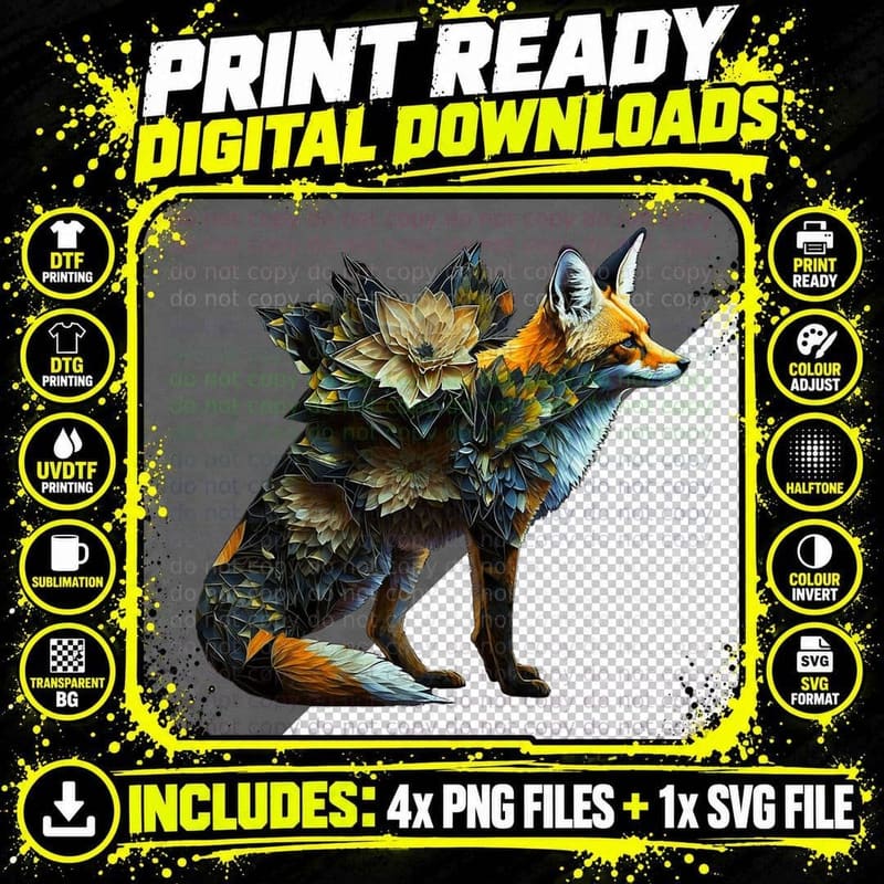 Fox Fantasy Flowers Art Abstract Animal Fox T-Shirt Png SVG Digital Bundle