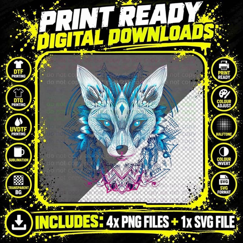 Fox Mandala Fantasy Artwork - Animal Art Fox T-Shirt Png SVG Digital Bundle