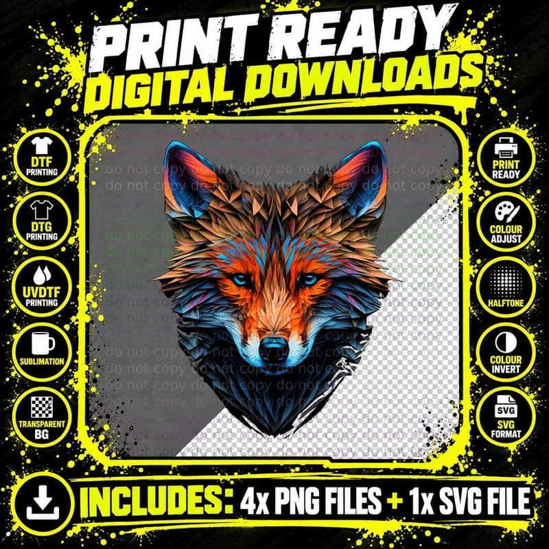Fox Polygon Animal Blue Eyes Art Animal Motif Graphic Png SVG Digital Bundle